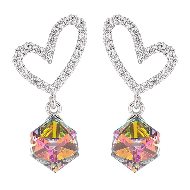 Сережки Xuping колір Родій з кристалами Swarovski пусети «Сердечка з кубиками Vitrail Medium» фото №1 Сережки Xuping колір Родій з кристалами Swarovski пусети «Сердечка з кубиками Vitrail Medium» фото №1