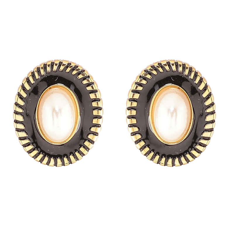 Сережки Xuping TTM Stainless Steel колір 14К пусети «Овали з візерунком чорною емаллю і перловими вставками» фото №1 Сережки Xuping TTM Stainless Steel колір 14К пусети «Овали з візерунком чорною емаллю і перловими вставками» фото №1