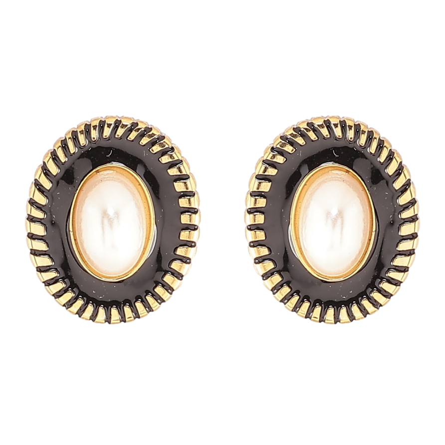 Сережки Xuping TTM Stainless Steel колір 14К пусети «Овали з візерунком чорною емаллю і перловими вставками» фото №1 Сережки Xuping TTM Stainless Steel колір 14К пусети «Овали з візерунком чорною емаллю і перловими вставками» фото №1