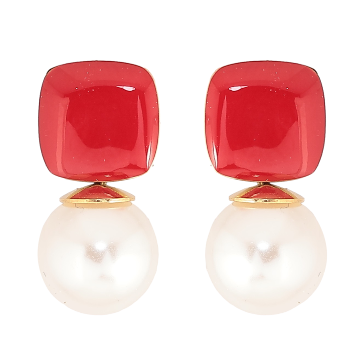 Сережки Xuping TTM Stainless Steel колір 14К пусети «Червона емаль з перлинами» фото №18