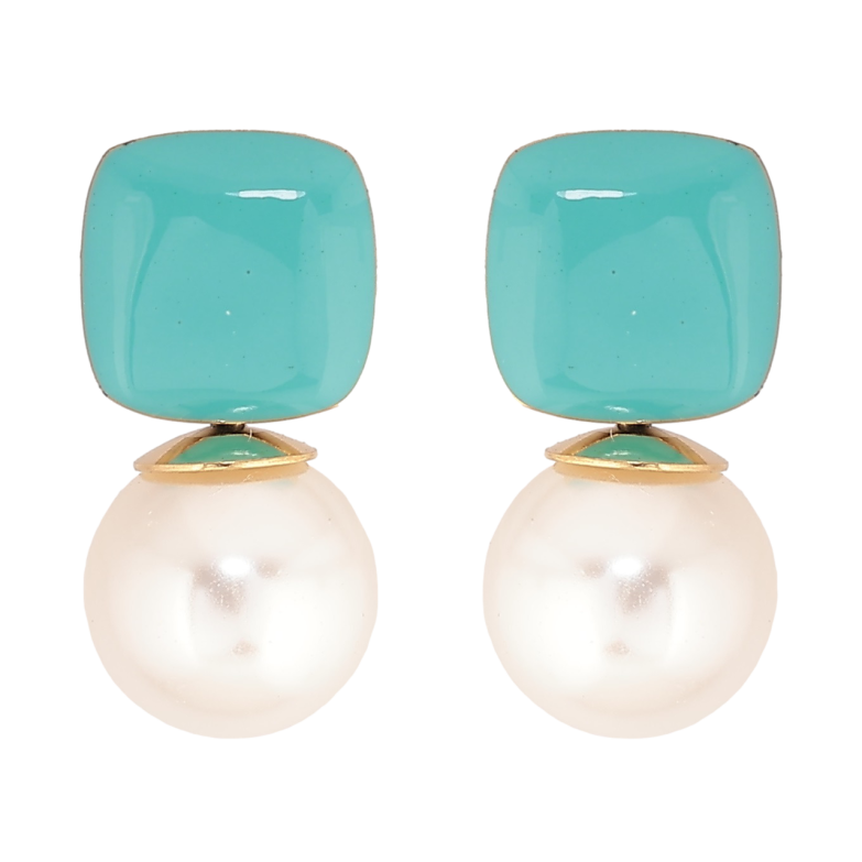 Серьги Xuping TTM Stainless Steel цвет 14К пусеты Бирюзовая эмаль с жемчужинами фото №1