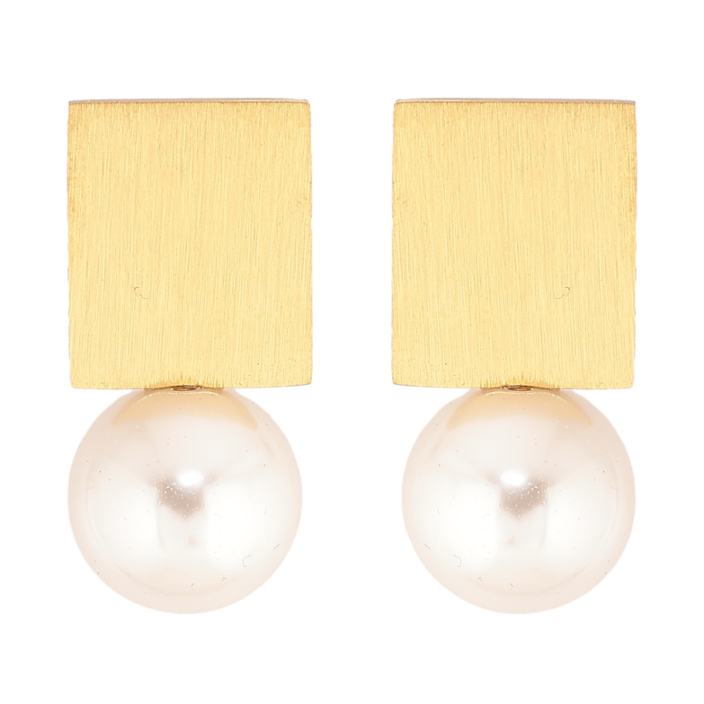 Сережки Xuping TTM Stainless Steel колір 14К пусети «Прямокутники з перлинами» фото №1 Сережки Xuping TTM Stainless Steel колір 14К пусети «Прямокутники з перлинами» фото №1