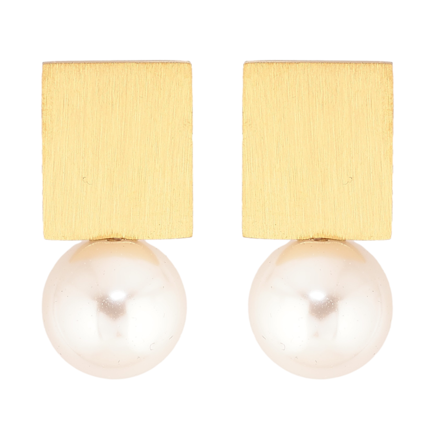 Сережки Xuping TTM Stainless Steel колір 14К пусети «Прямокутники з перлинами» фото №1 Сережки Xuping TTM Stainless Steel колір 14К пусети «Прямокутники з перлинами» фото №1