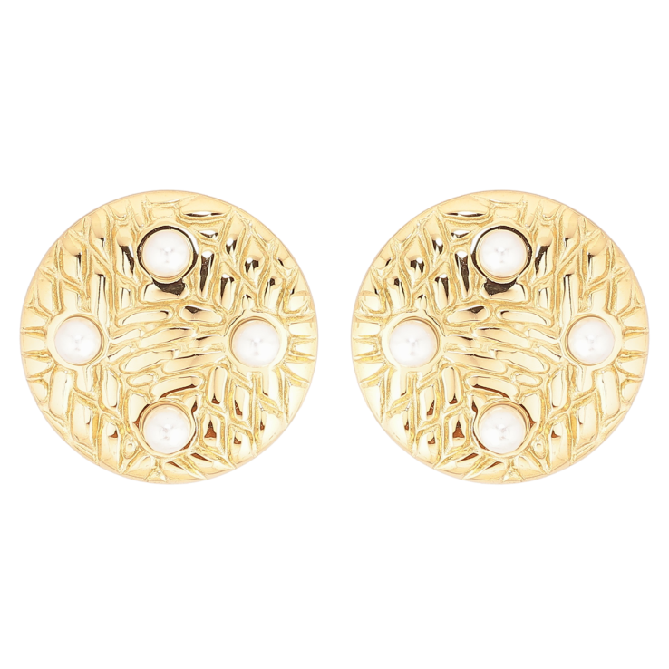 Сережки Xuping TTM Stainless Steel колір 14К пусети «Кола з декоративним візерунком і перлинами» фото №13 Сережки Xuping TTM Stainless Steel колір 14К пусети «Кола з декоративним візерунком і перлинами» фото №13