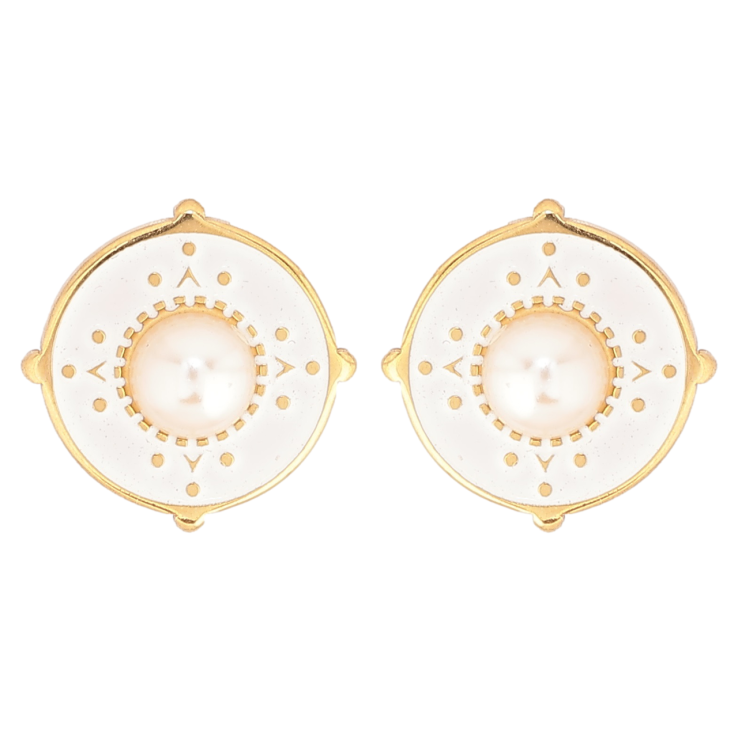 Сережки Xuping TTM Stainless Steel колір 14К пусети «Кола з білою емаллю та перлинними вставками» фото №15 Сережки Xuping TTM Stainless Steel колір 14К пусети «Кола з білою емаллю та перлинними вставками» фото №15