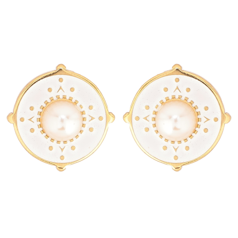 Сережки Xuping TTM Stainless Steel колір 14К пусети «Кола з білою емаллю та перлинними вставками» фото №1