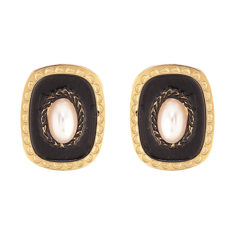 Серьги Xuping TTM Stainless Steel цвет 14К пусеты Узор черной эмалью и жемчужными вставками фото №1