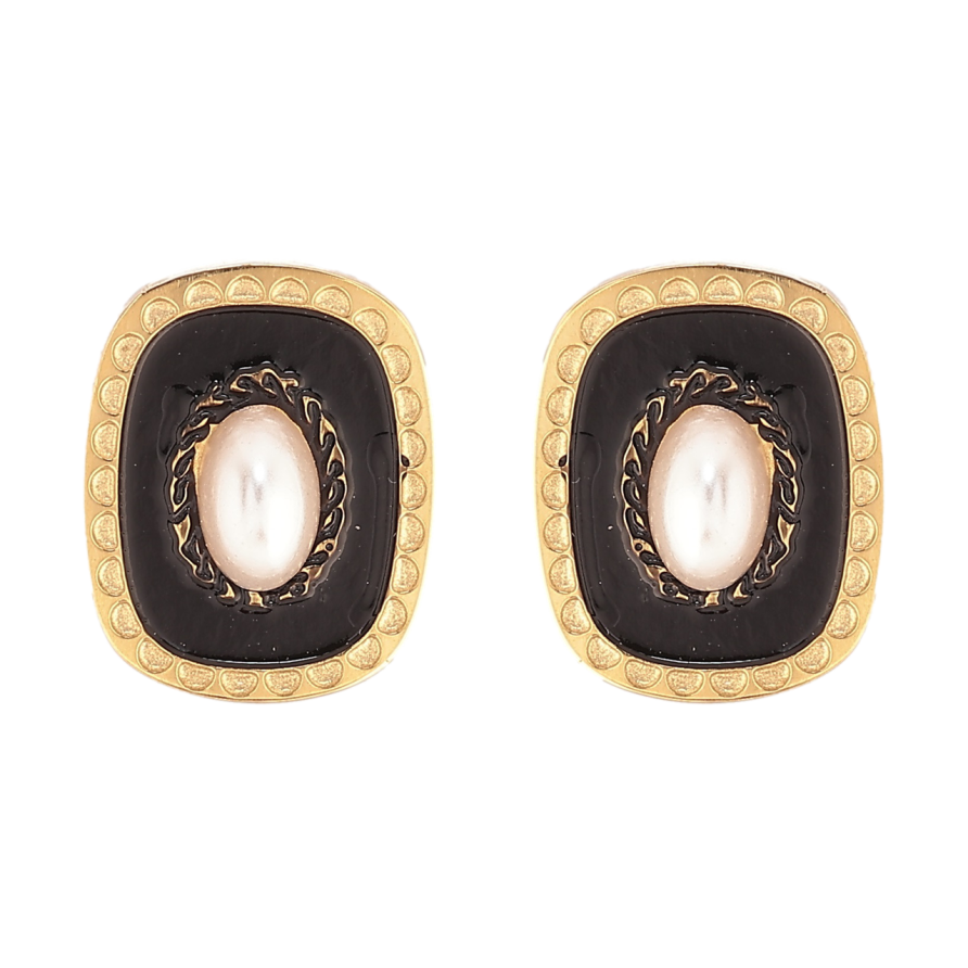 Серьги Xuping TTM Stainless Steel цвет 14К пусеты Узор черной эмалью и жемчужными вставками фото №1