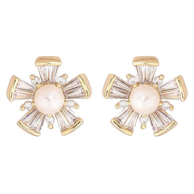 Сережки Xuping Позолота 14K пусети «Кришталеві квіточки з перлинами» фото №24