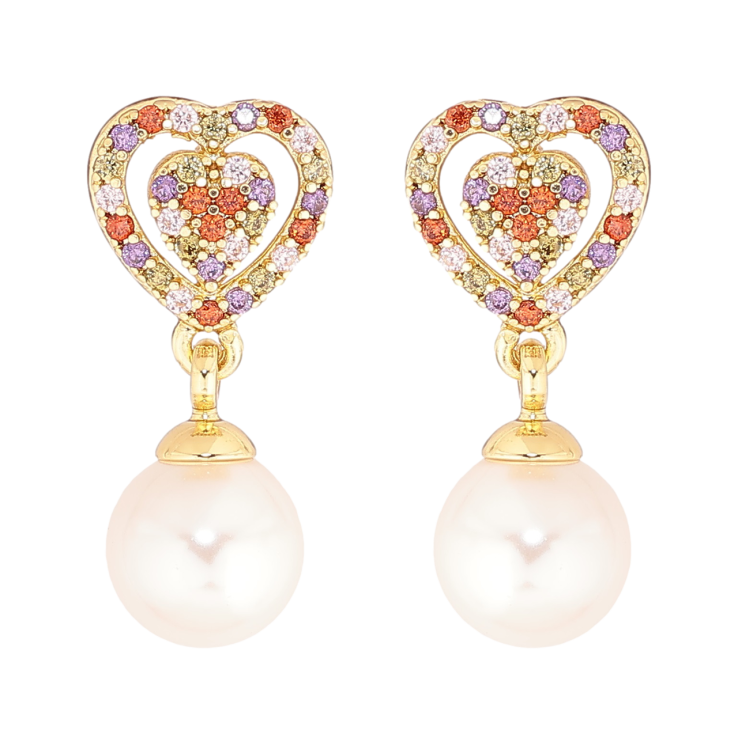 Сережки Xuping Позолота 14K пусети «Сердечка з різнокольорових кристалів з перловими підвісками» фото №2 Сережки Xuping Позолота 14K пусети «Сердечка з різнокольорових кристалів з перловими підвісками» фото №2