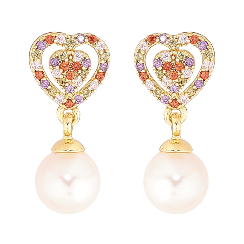 Серьги Xuping Позолота 14K пусеты Сердечки из разноцветных кристаллов с жемчужными подвесками фото №1