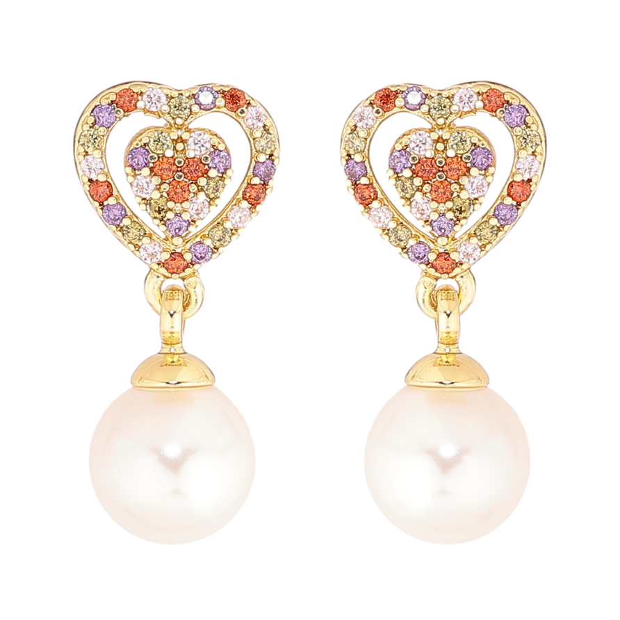 Серьги Xuping Позолота 14K пусеты Сердечки из разноцветных кристаллов с жемчужными подвесками фото №1