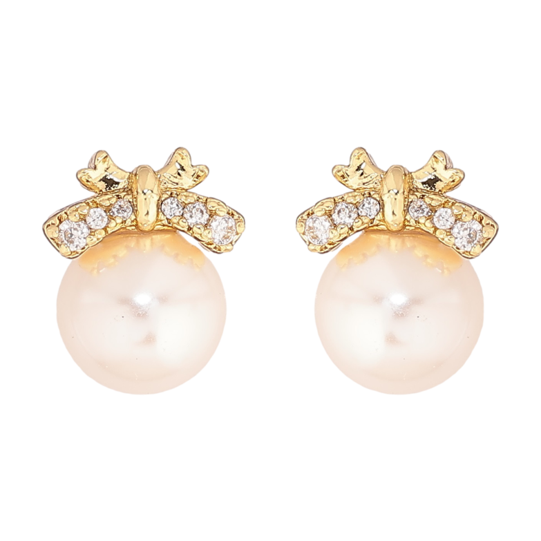 Сережки Xuping Позолота 14K пусети «Перлини з кришталевими бантами» фото №1