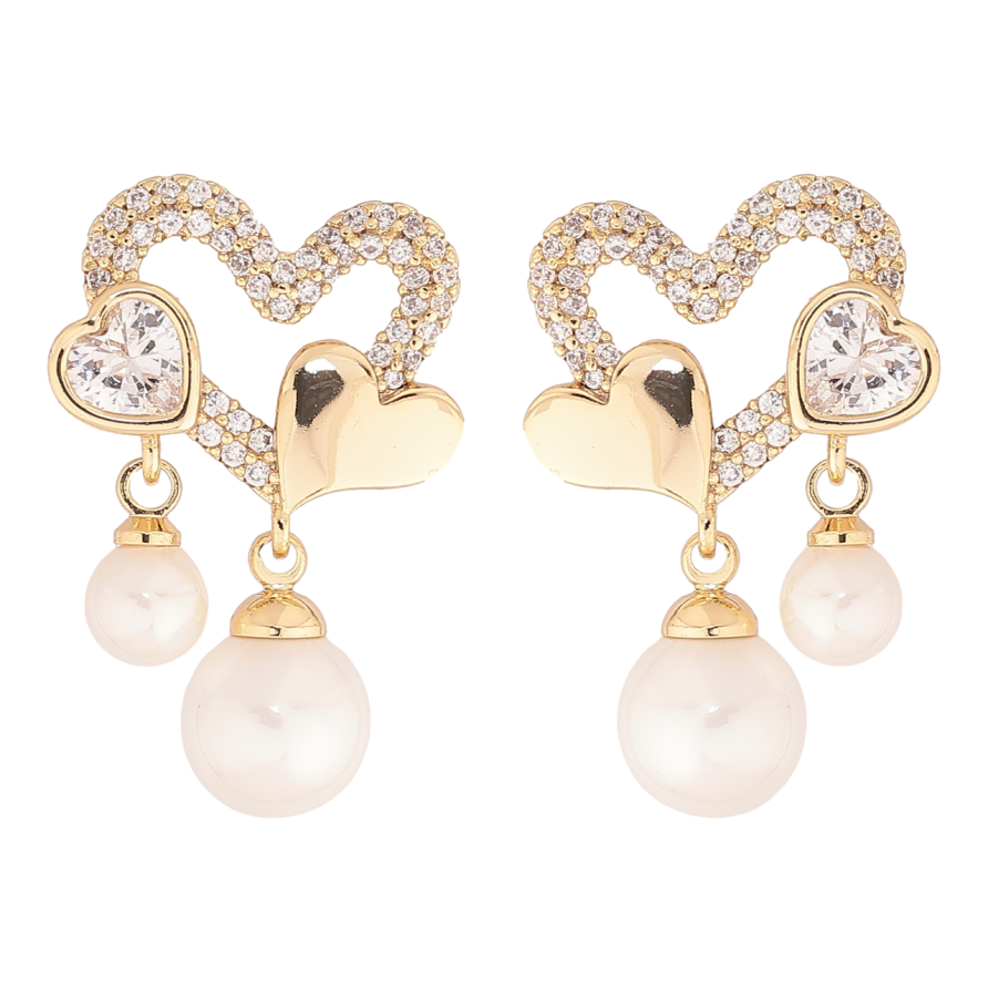Сережки Xuping Позолота 14K пусети «Сердечка з перлинними підвісками» фото №1