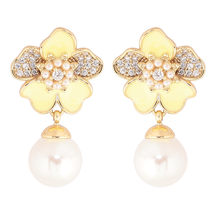 Сережки Xuping Позолота 14K пусети «Жовті квіточки з кристалами та перловими підвісками» фото №6 Сережки Xuping Позолота 14K пусети «Жовті квіточки з кристалами та перловими підвісками» фото №6