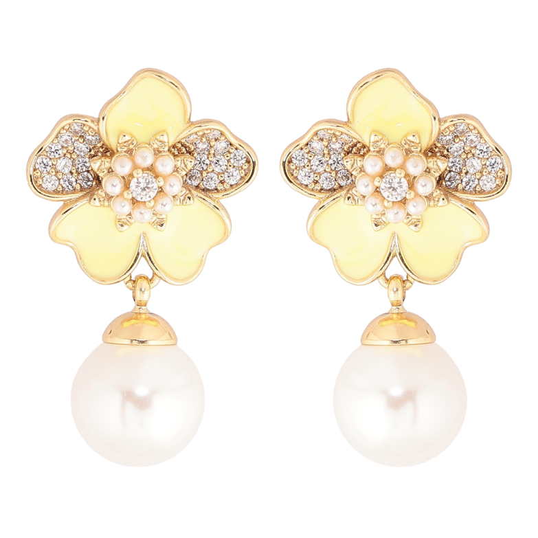 Сережки Xuping Позолота 14K пусети «Жовті квіточки з кристалами та перловими підвісками» фото №1
