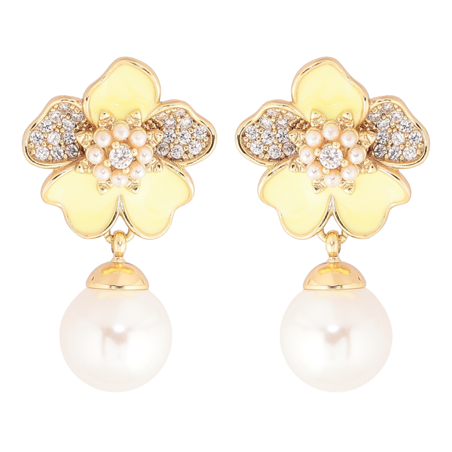Сережки Xuping Позолота 14K пусети «Жовті квіточки з кристалами та перловими підвісками» фото №1