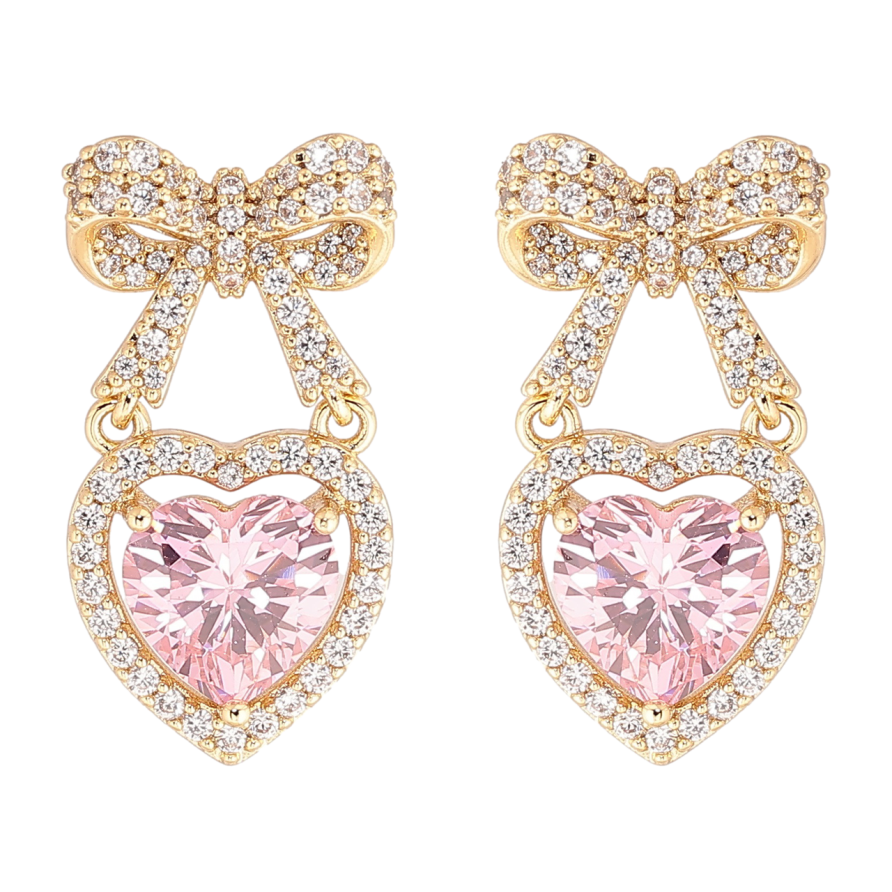 Серьги Xuping Позолота 14K пусеты Банты с розовыми кристальными сердечками фото №1