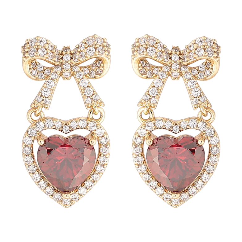 Серьги Xuping Позолота 14K пусеты Банты с красными кристальными сердечками фото №1