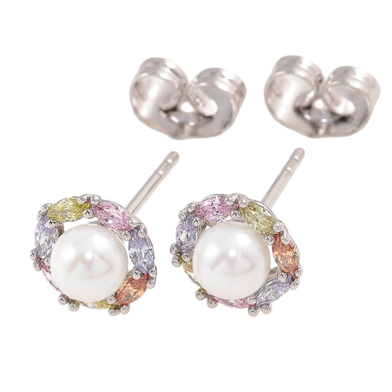 Сережки Xuping Родій пусети «Перлини в обрамленні кольорових кристалів» ø 8мм фото №2 Сережки Xuping Родій пусети «Перлини в обрамленні кольорових кристалів» ø 8мм фото №2