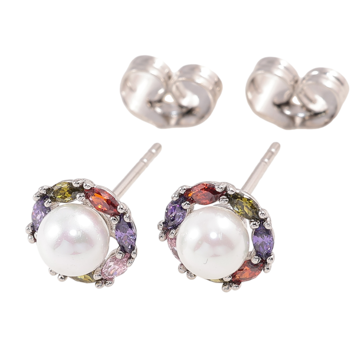 Сережки Xuping Родій пусети «Перлини в обрамленні кольорових кристалів» ø 8мм фото №9 Сережки Xuping Родій пусети «Перлини в обрамленні кольорових кристалів» ø 8мм фото №9