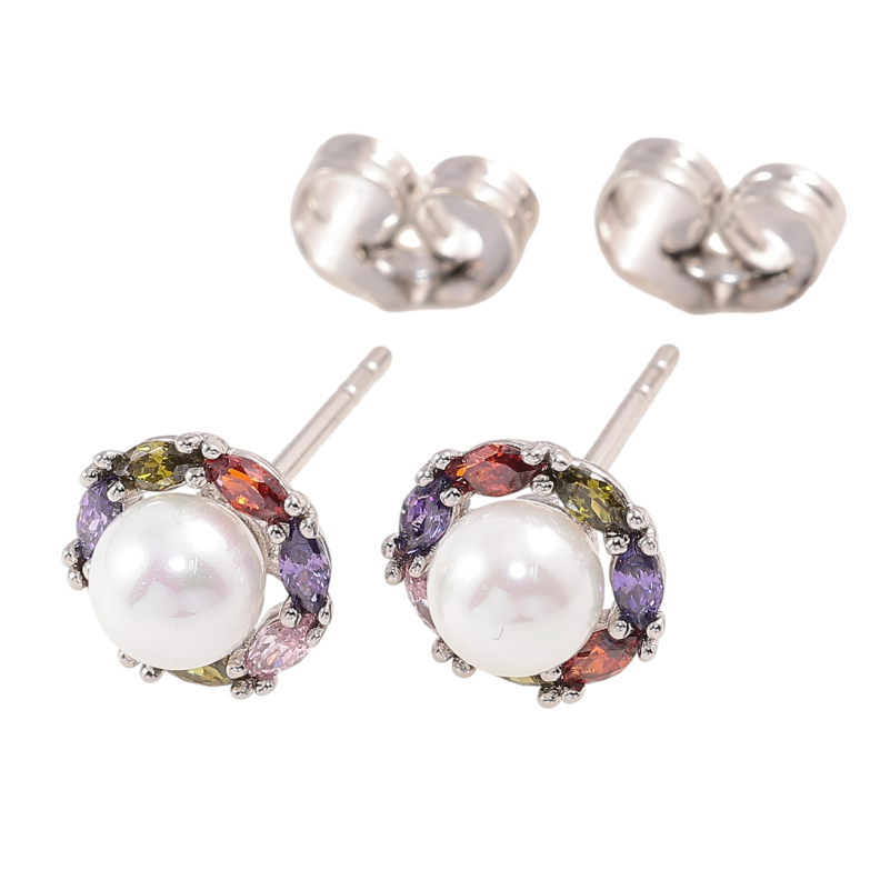 Сережки Xuping Родій пусети «Перлини в обрамленні кольорових кристалів» ø 8мм фото №1