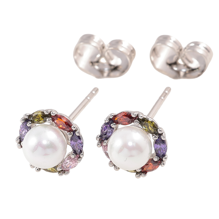 Сережки Xuping Родій пусети «Перлини в обрамленні кольорових кристалів» ø 8мм фото №1