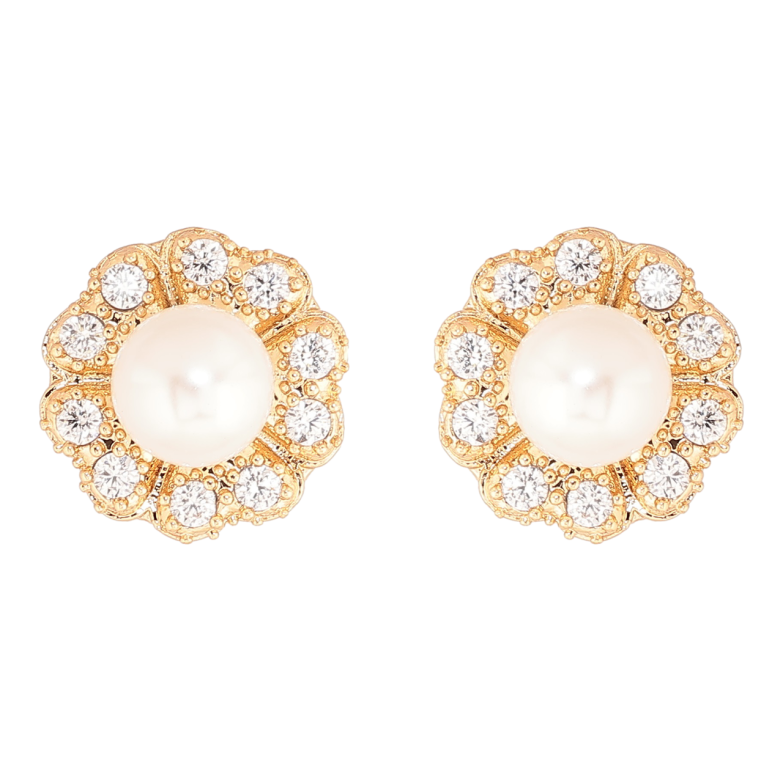 Сережки Xuping Позолота 18K пусети «Квіточки з кристалами та перлиною» фото №2