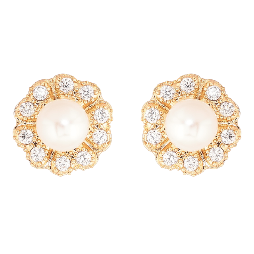 Сережки Xuping Позолота 18K пусети «Квіточки з кристалами та перлиною» фото №1