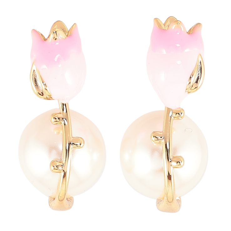 Сережки Xuping Позолота 18K пусети «Перлини з рожевими емалевими квіточками» фото №4