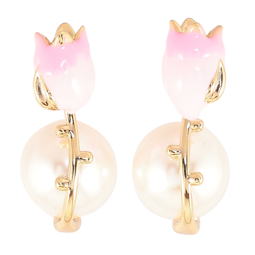 Сережки Xuping Позолота 18K пусети «Перлини з рожевими емалевими квіточками» фото №1 Сережки Xuping Позолота 18K пусети «Перлини з рожевими емалевими квіточками» фото №1