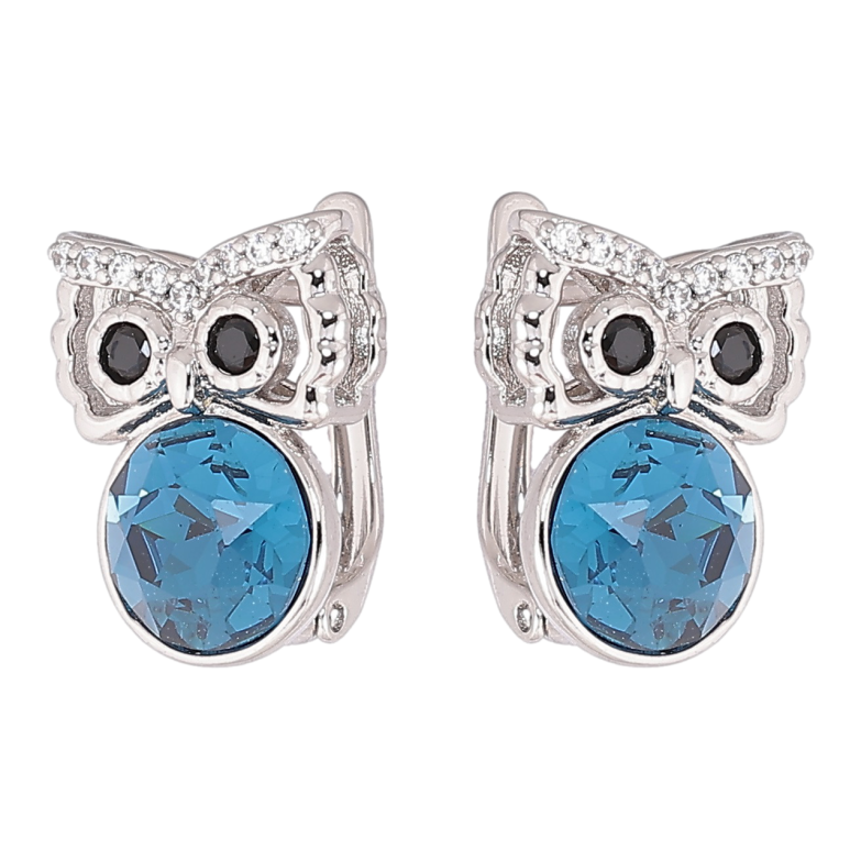 Серьги Xuping цвет Родий с кристаллами Swarovski английский замок Совы с кристаллами Aquamarine фото №1