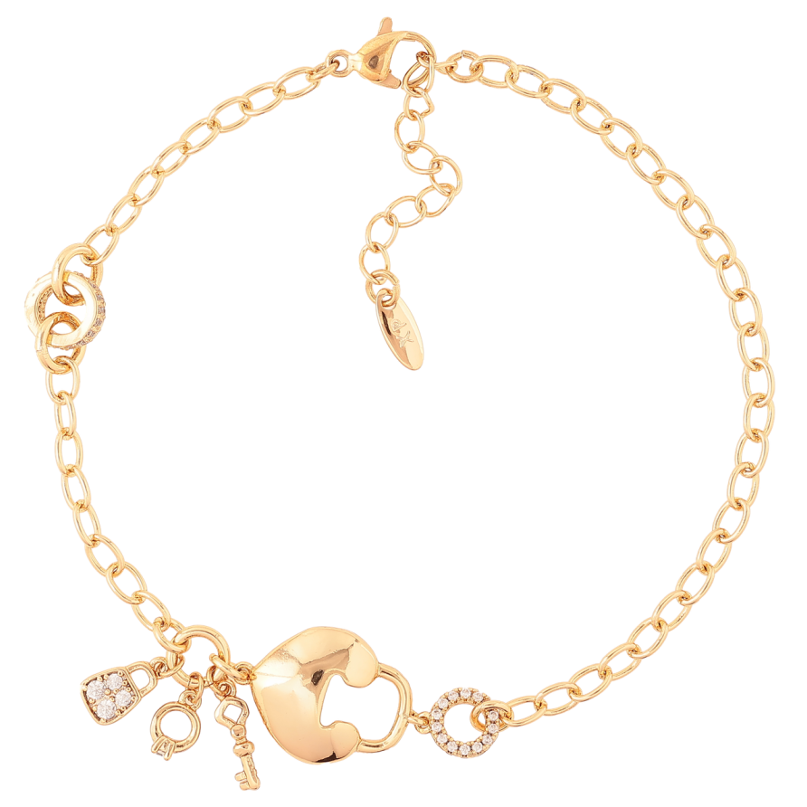 Браслет Xuping Позолота 18K Цепочка с замочком и ключами длина с доп. цепочкой 19.5-23см х 3мм фото №1 Браслет Xuping Позолота 18K Цепочка с замочком и ключами длина с доп. цепочкой 19.5-23см х 3мм фото №1