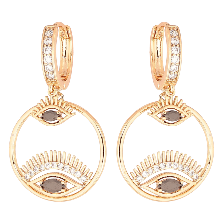Серьги Xuping Позолота 18K подвески на колечках Глаза с черными кристаллами фото №1