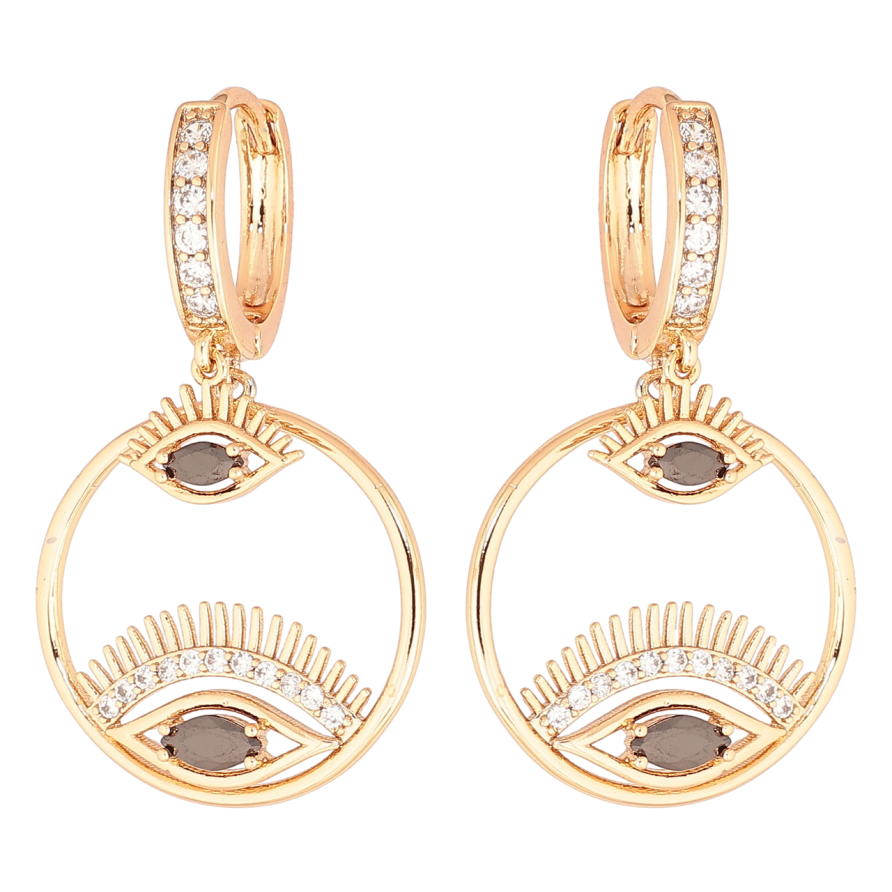 Серьги Xuping Позолота 18K подвески на колечках Глаза с черными кристаллами фото №1