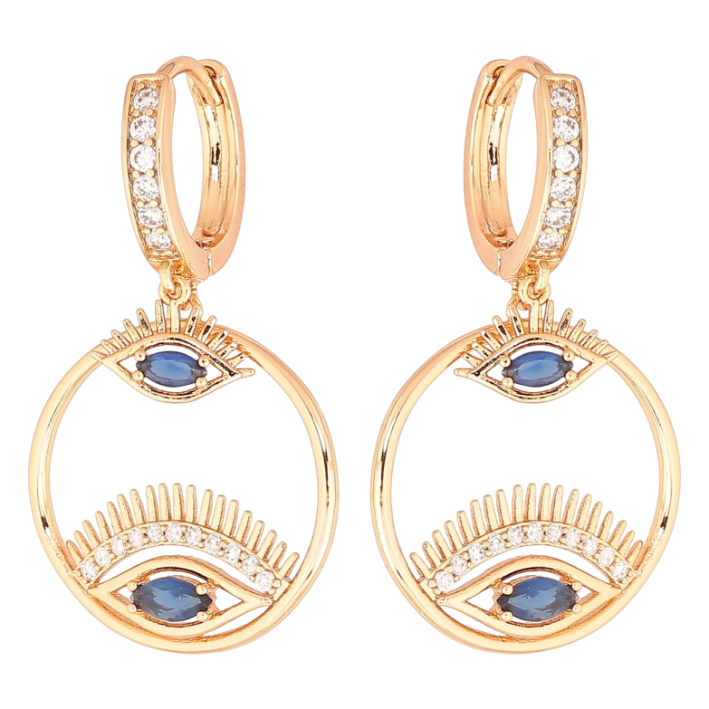 Серьги Xuping Позолота 18K подвески на колечках Глаза с синими кристаллами фото №1 Серьги Xuping Позолота 18K подвески на колечках Глаза с синими кристаллами фото №1