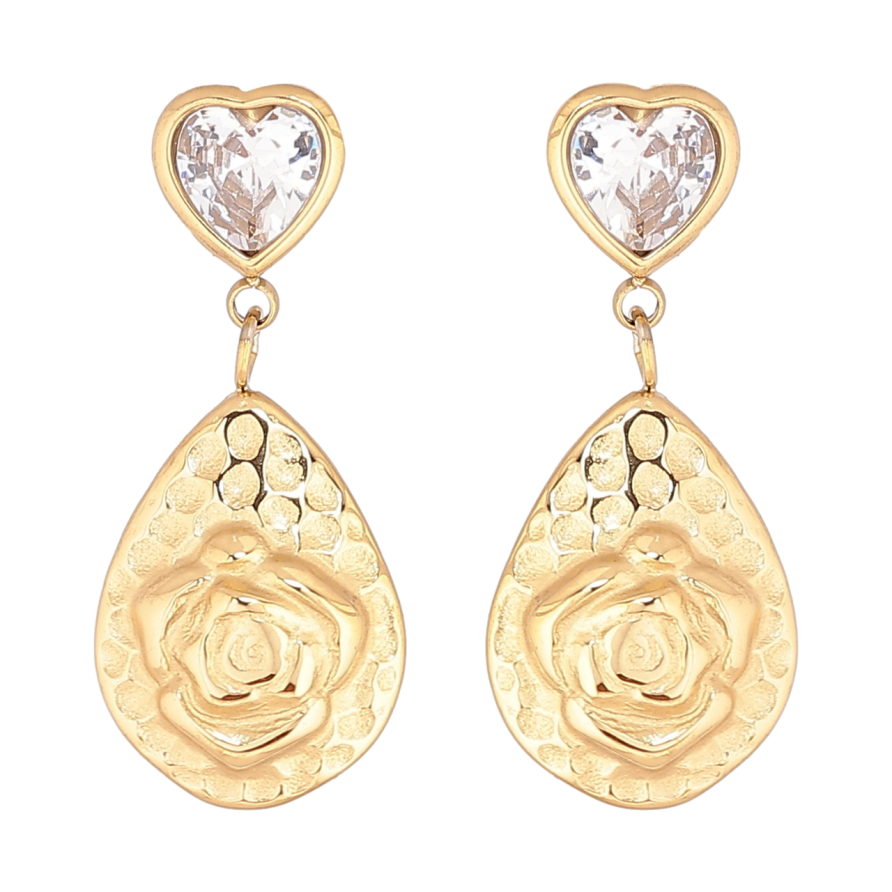 Серьги Xuping TTM Stainless Steel цвет 14К пусеты Кристальные сердечки с цветочными подвесками фото №1