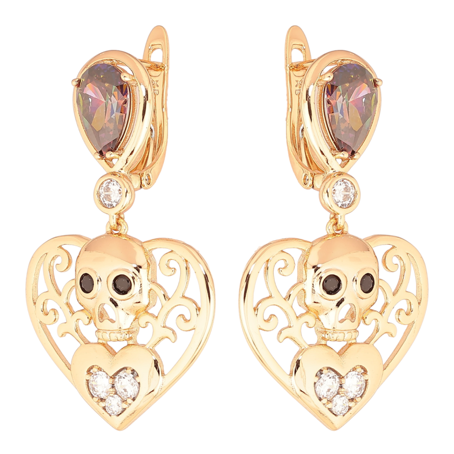 Серьги Xuping Позолота 18K английский замок Сердечки с черепами и цветными кристаллами фото №1
