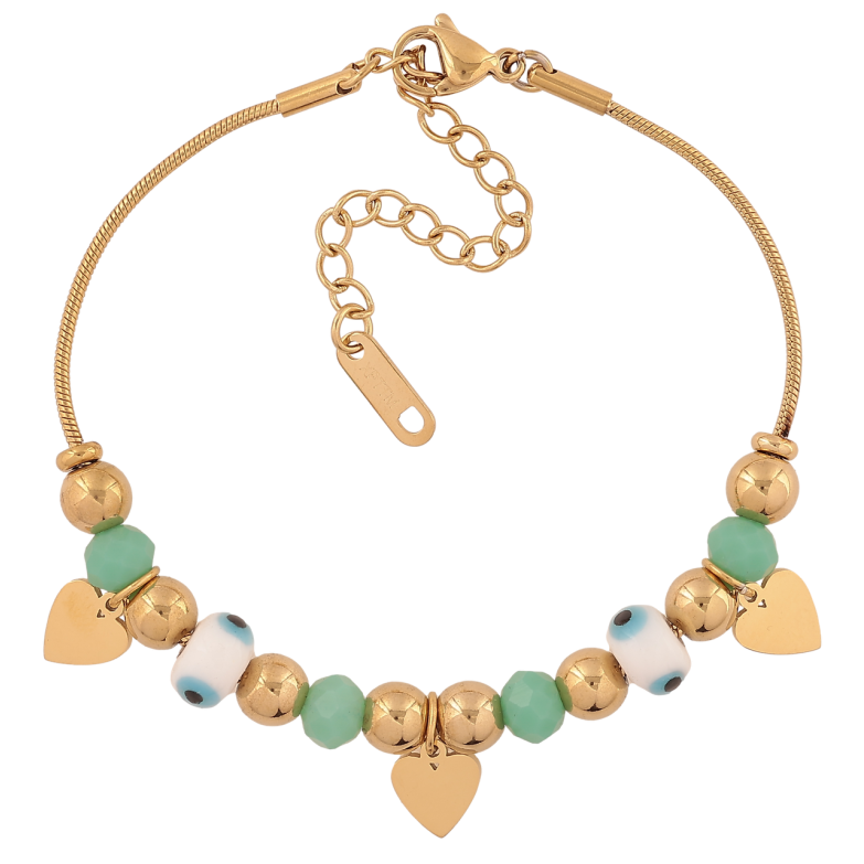 Браслет Xuping ТТМ Stainless Steel колір 14К «Різнокольорові намистини з сердечками» з доп.ланцюжком 17.5-22.5см х 1.5мм фото №1