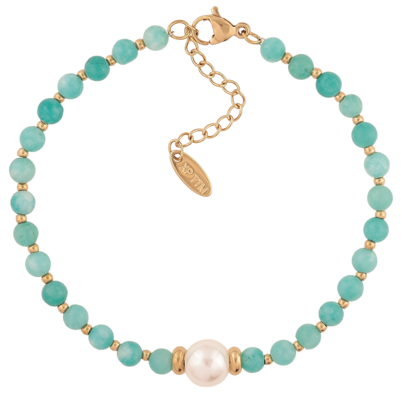 Браслет Xuping ТТМ Stainless Steel колір 14К «Бірюзові намистини з перлиною» з доп.ланцюжком 18.5-21.5см х 4мм фото №1 Браслет Xuping ТТМ Stainless Steel колір 14К «Бірюзові намистини з перлиною» з доп.ланцюжком 18.5-21.5см х 4мм фото №1
