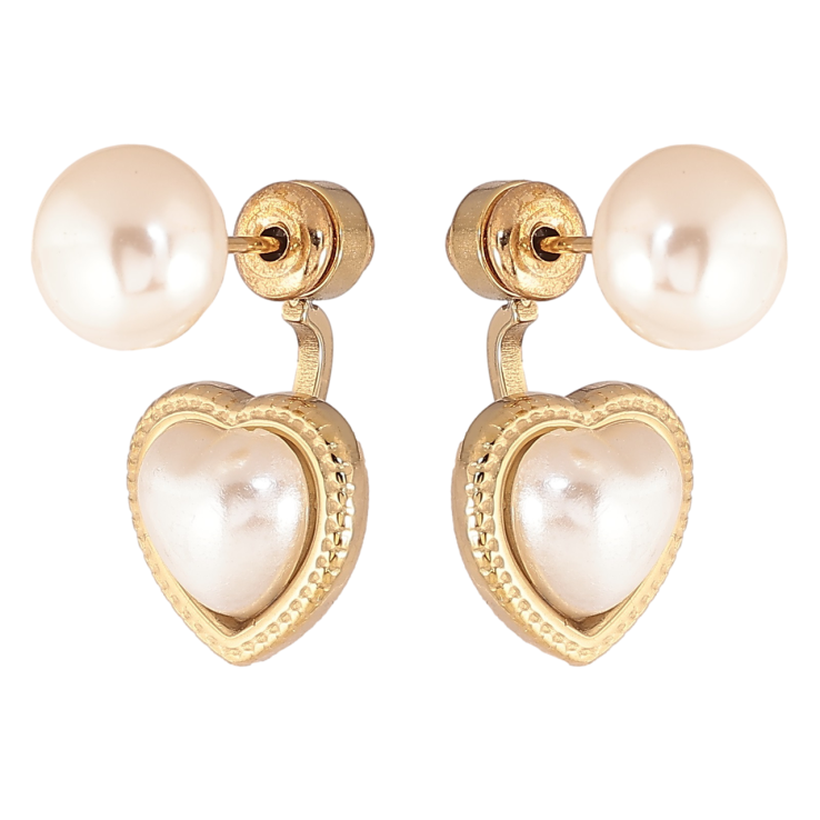 Сережки Xuping TTM Stainless Steel колір 14К пусети-джекети «Сердечка з перлинами» фото №21