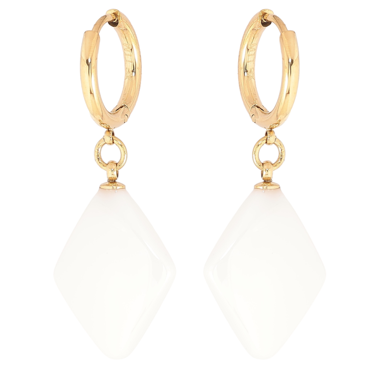 Сережки Xuping TTM Stainless Steel колір 14К підвіски на колечках «Ромби з білої кераміки» фото №1