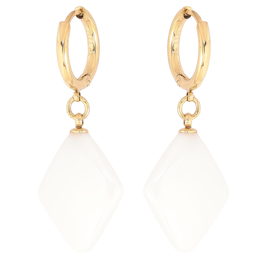 Сережки Xuping TTM Stainless Steel колір 14К підвіски на колечках «Ромби з білої кераміки» фото №1 Сережки Xuping TTM Stainless Steel колір 14К підвіски на колечках «Ромби з білої кераміки» фото №1