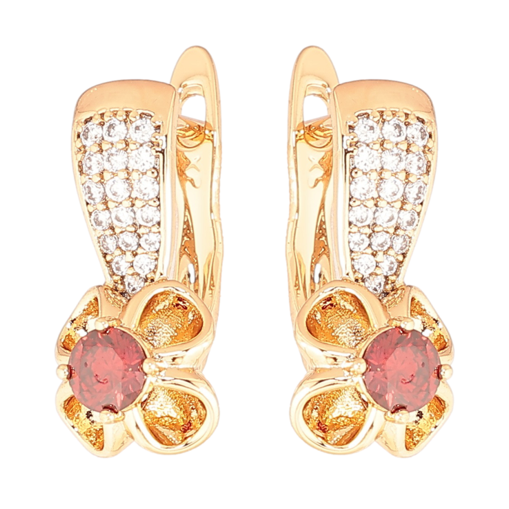 Серьги Xuping Позолота 18K английский замок Цветочки с красными кристаллами фото №3