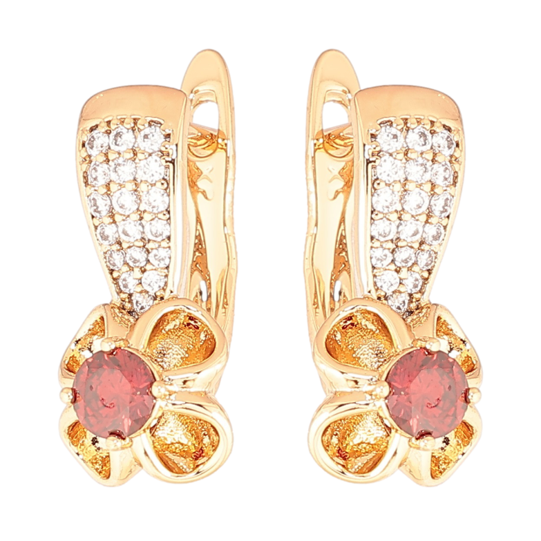 Серьги Xuping Позолота 18K английский замок Цветочки с красными кристаллами фото №1 Серьги Xuping Позолота 18K английский замок Цветочки с красными кристаллами фото №1