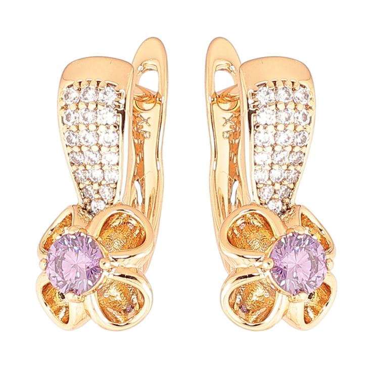 Серьги Xuping Позолота 18K английский замок Цветочки с сиреневыми кристаллами фото №24