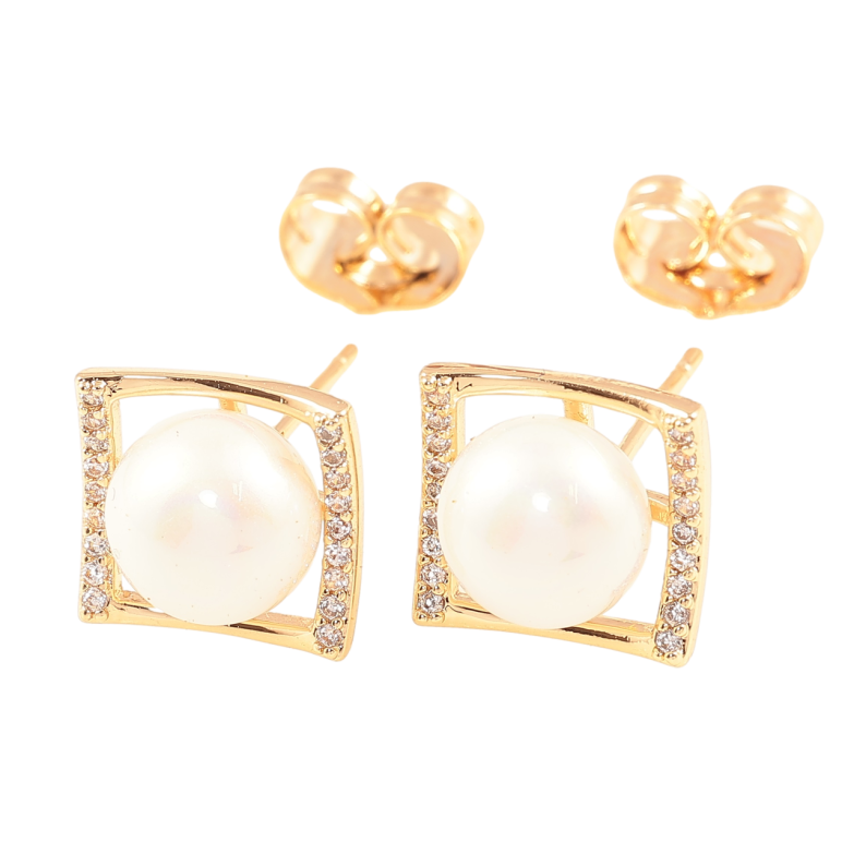 Сережки Xuping Позолота 18K пусети «Квадрати з перлинами і доріжками кристалів» фото №1