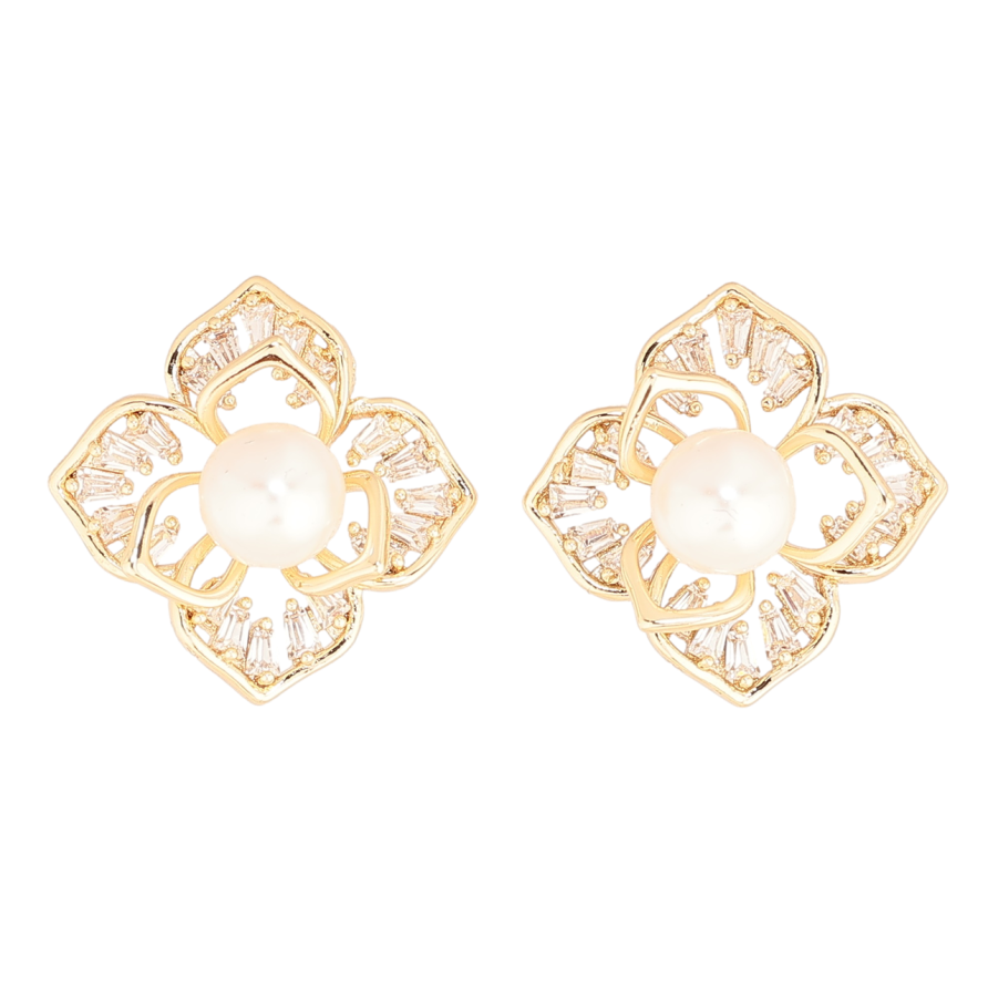 Сережки Xuping Позолота 18K пусети «Кришталеві квіточки з перлинами» фото №1