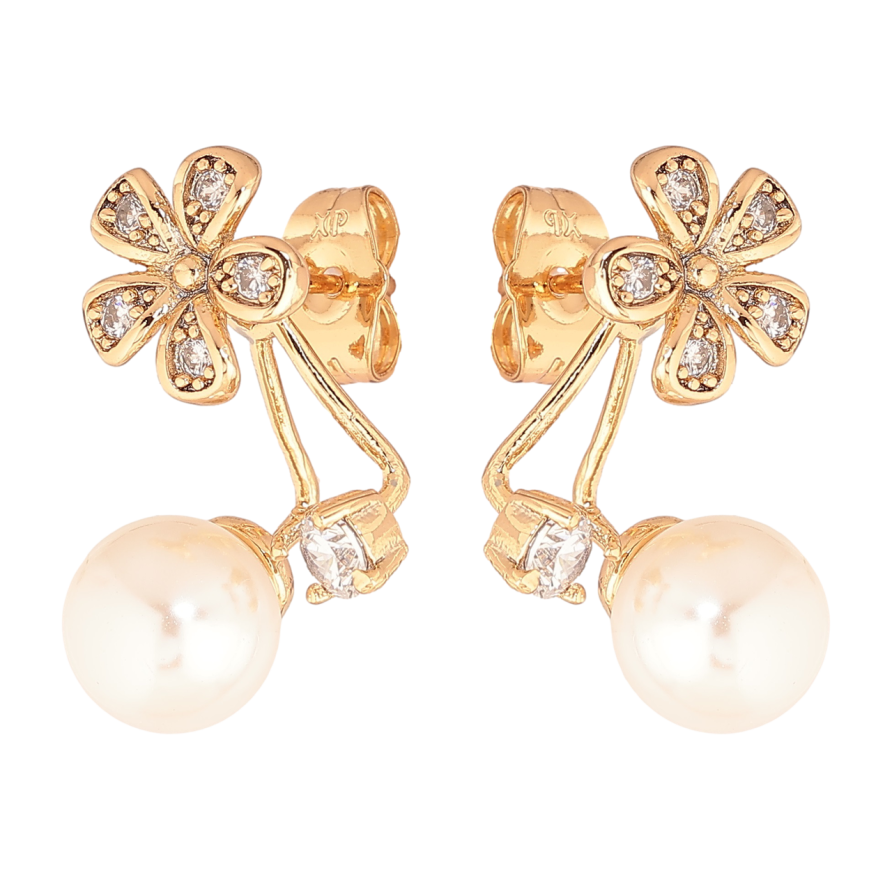 Серьги Xuping Позолота 18K пусеты-джекеты Цветочки с жемчужинами фото №1