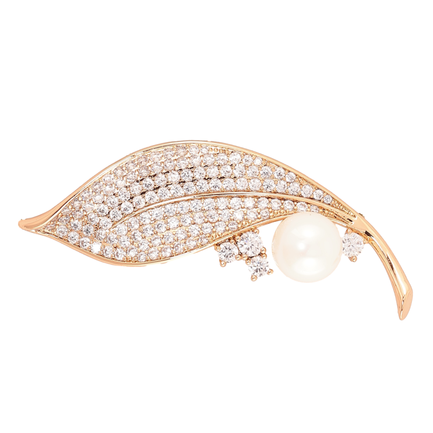 Брошь-кулон Xuping Позолота 18K Листик с инкрустацией кристаллами и жемчужиной фото №1
